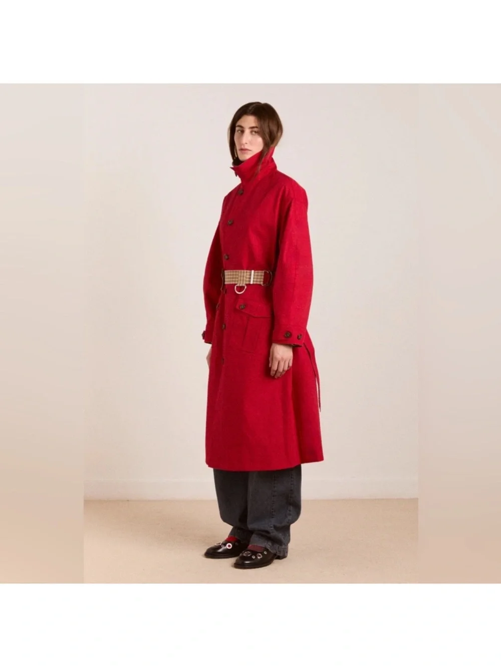 Damson Madder Reversible Red and Tan Check Women's Trench Coat oversized - Picture 4 of 16